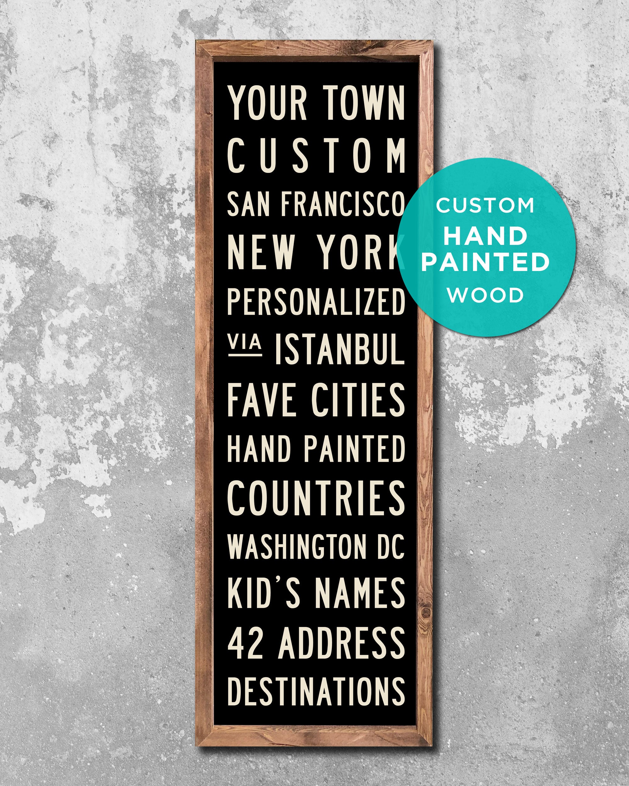 Custom handmade wood Subway Sign with cream letters on black, 12x36 - Transit Design