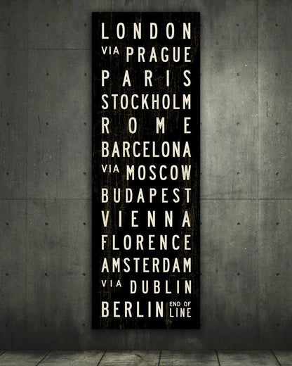 European Cities Subway Sign art hanging on cement wall - Transit Design