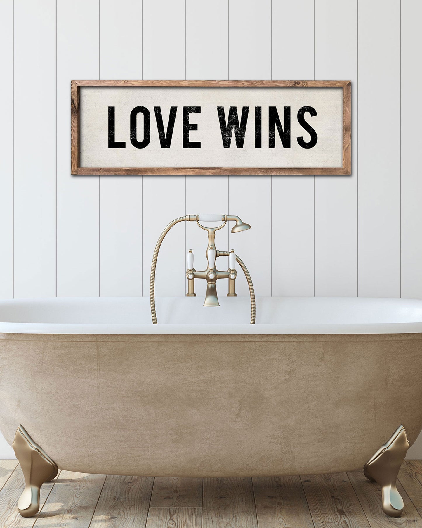 Farmhouse Style Love Wins Sign in bathroom, wood farmhouse wall art - Transit Design
