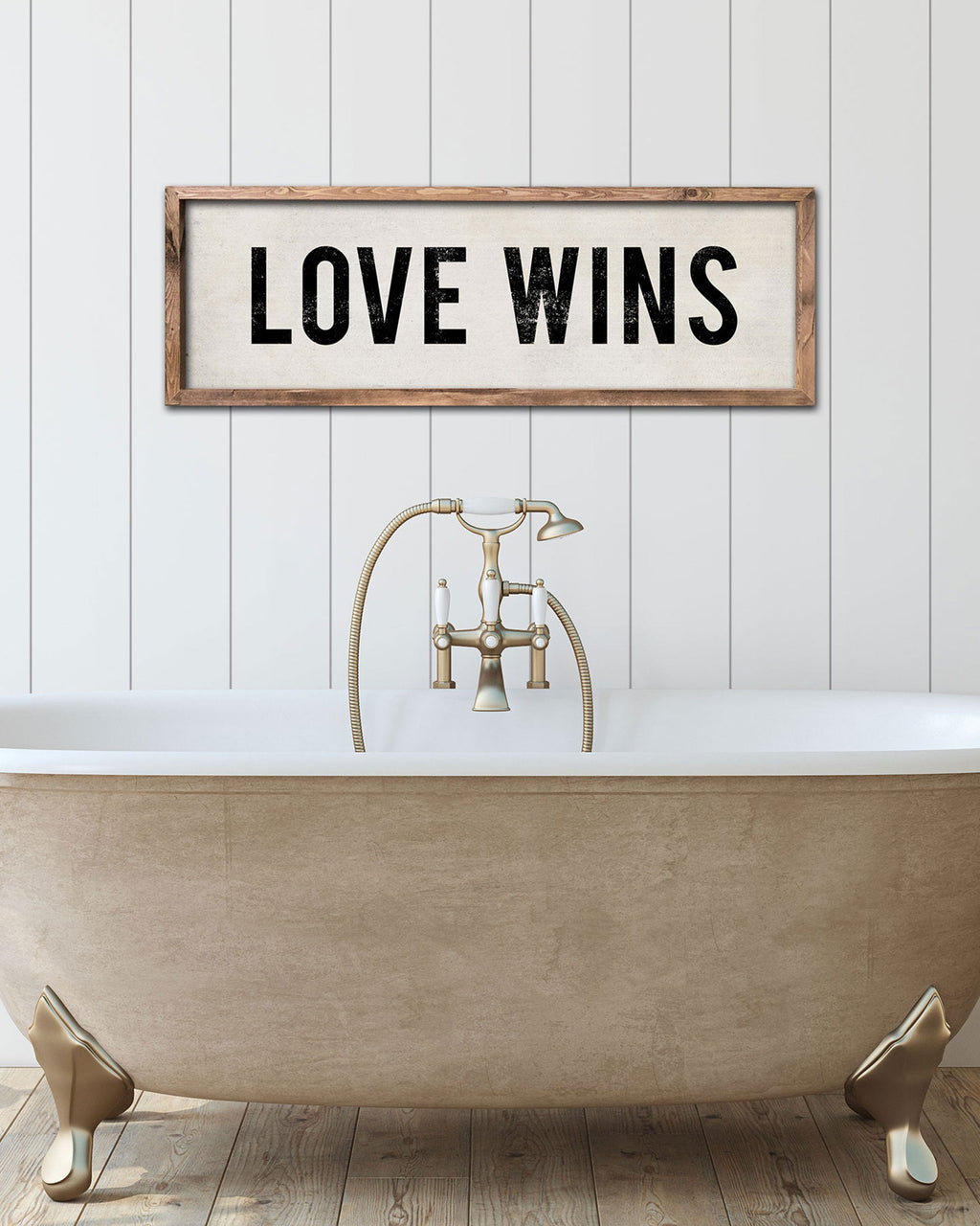Farmhouse Style Love Wins Sign in bathroom, wood farmhouse wall art - Transit Design