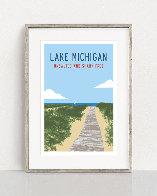 Framed Lake Michigan Poster - Unsalted Shark Free, Vintage Michigan Travel Poster - Transit Design
