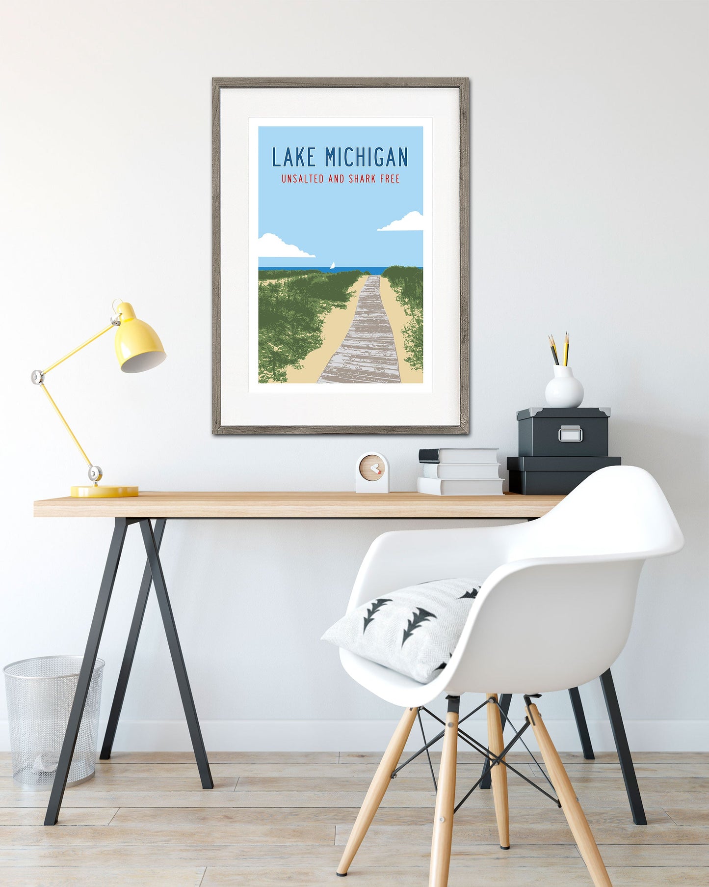 Vintage Lake Michigan Poster above home office desk - Transit Design