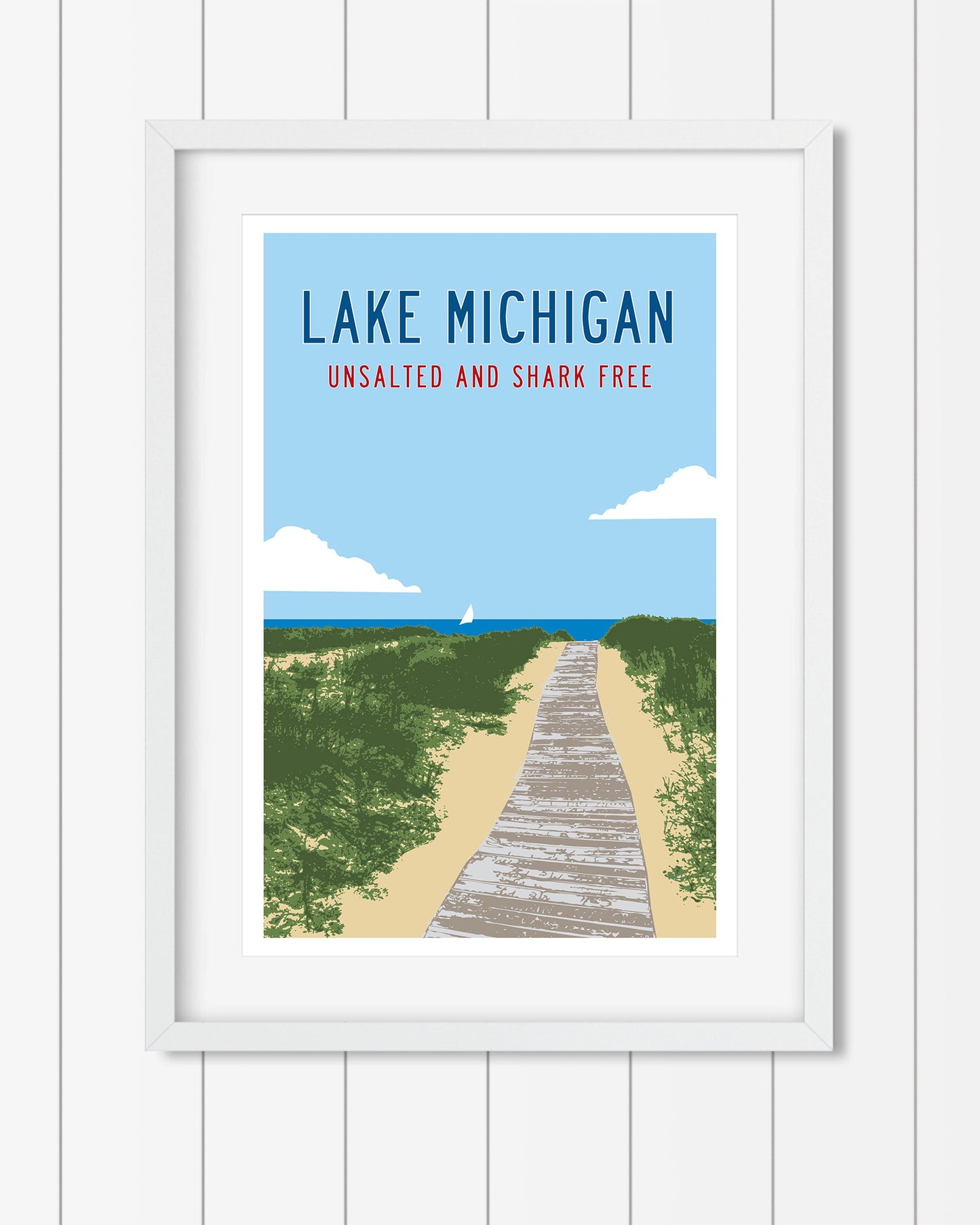 Lake Michigan Poster Art with Beach, Unsalted Shark Free - Transit Design