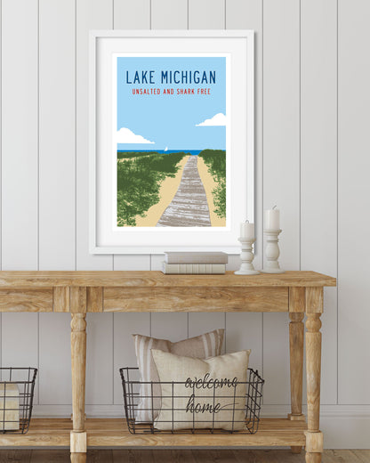 Vintage Lake Michigan Poster Art, Unsalted Shark Free - Transit Design