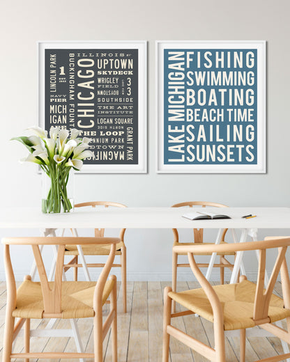 Word Art from Transit Design. Lake Michigan and Chicago Art hanging in a dining room.