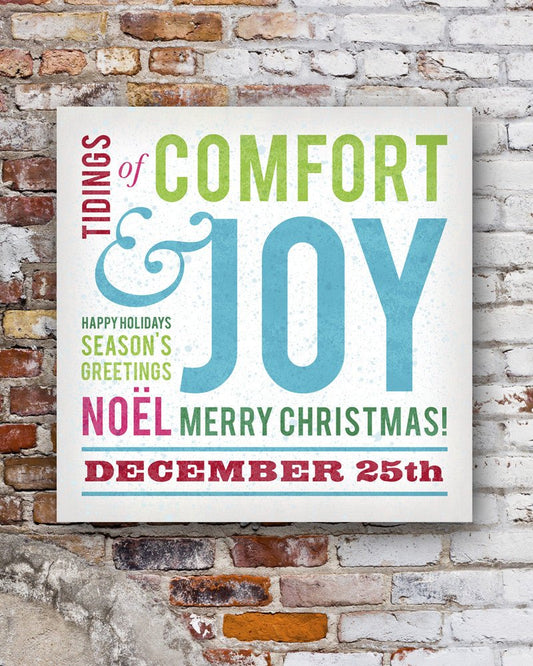 Multi Colored Comfort & Joy Retro Christmas Sign on brick wall - Transit Design