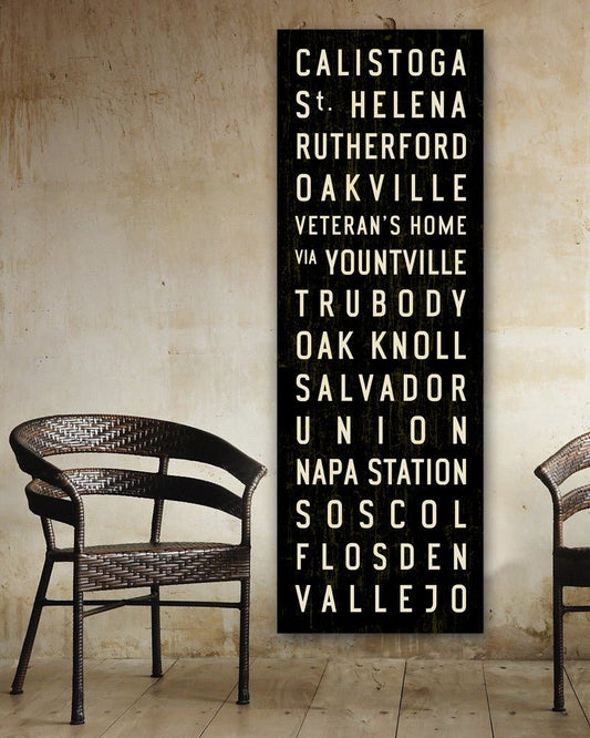 Napa Valley Subway Sign Art, Napa Valley Train large canvas print hanging in a rustic room - Transit Design