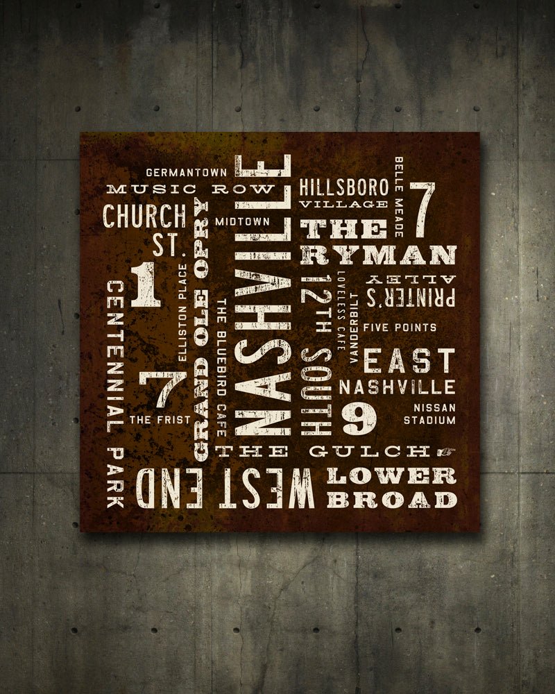 Nashville City Art Canvas, Rustic Word Art - Transit Design