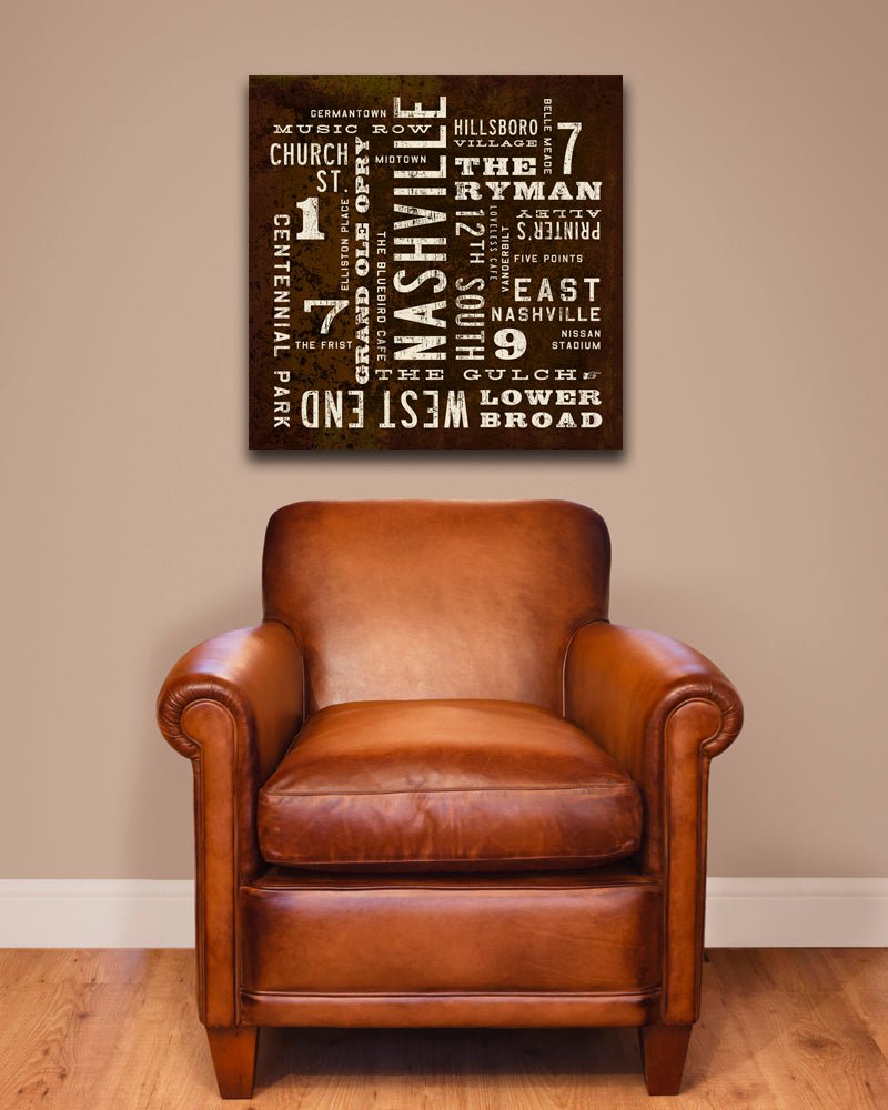 Nashville City Art Canvas, rustic word art above leather chair - Transit Design