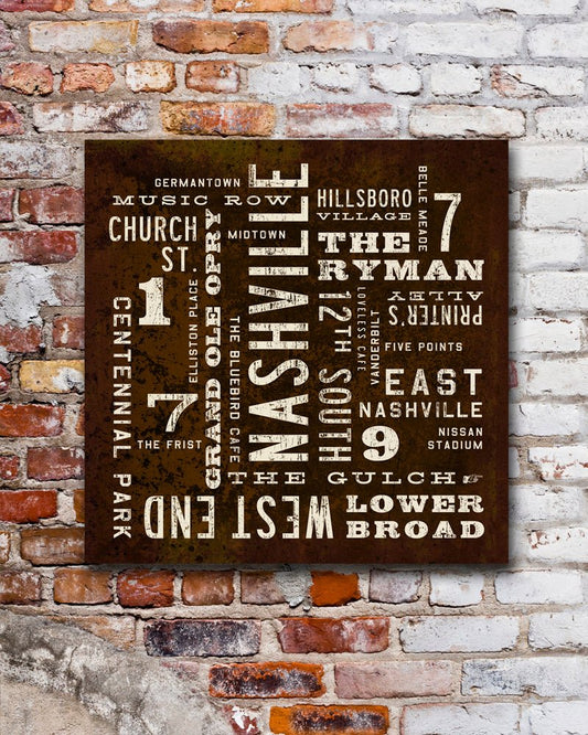 Rustic Word Art, Nashville City Art Canvas - Transit Design