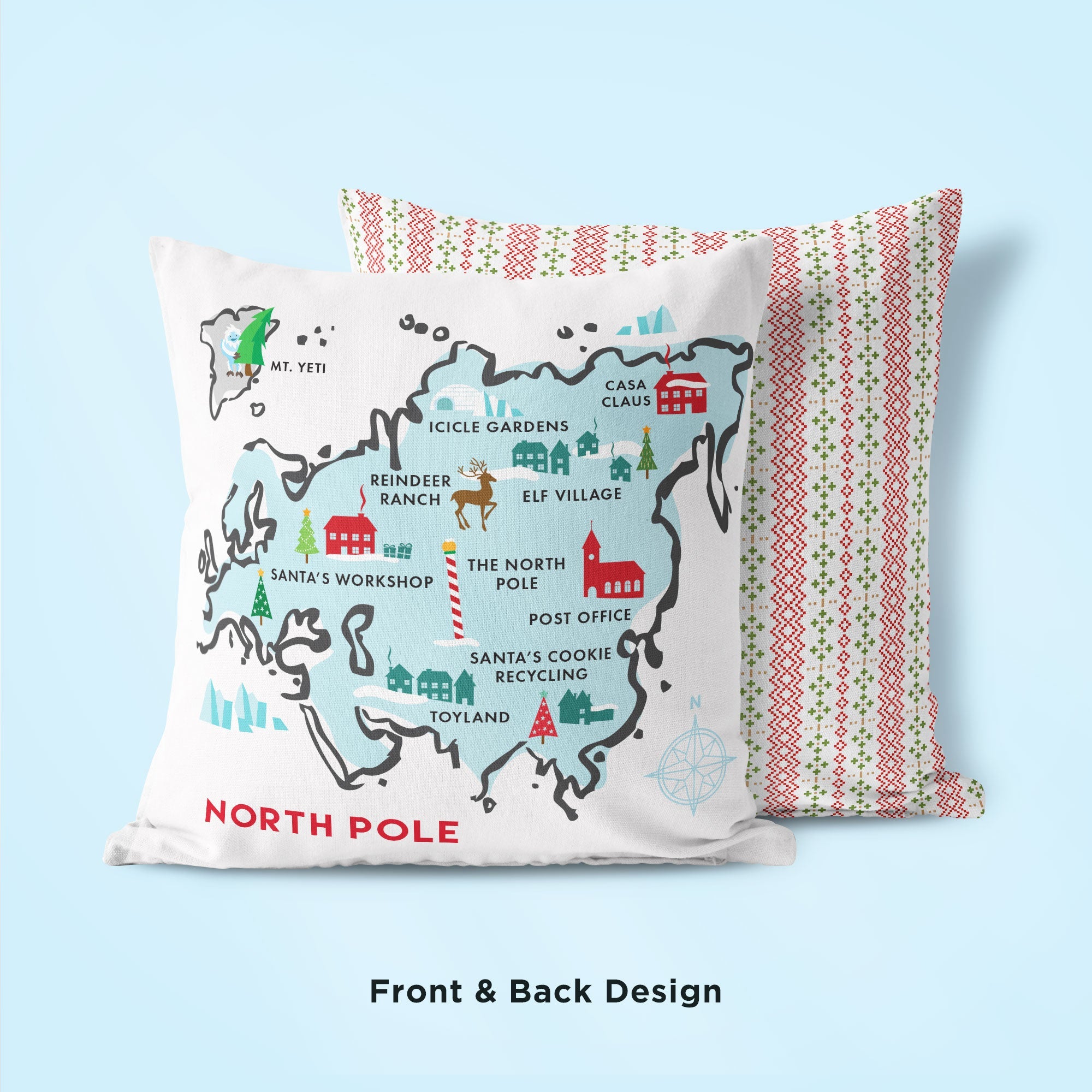 North Pole Map Christmas Pillow with front and back design - Transit Design