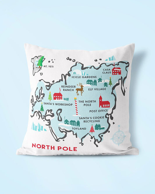 Front of North Pole Map Christmas Pillow - Transit Design