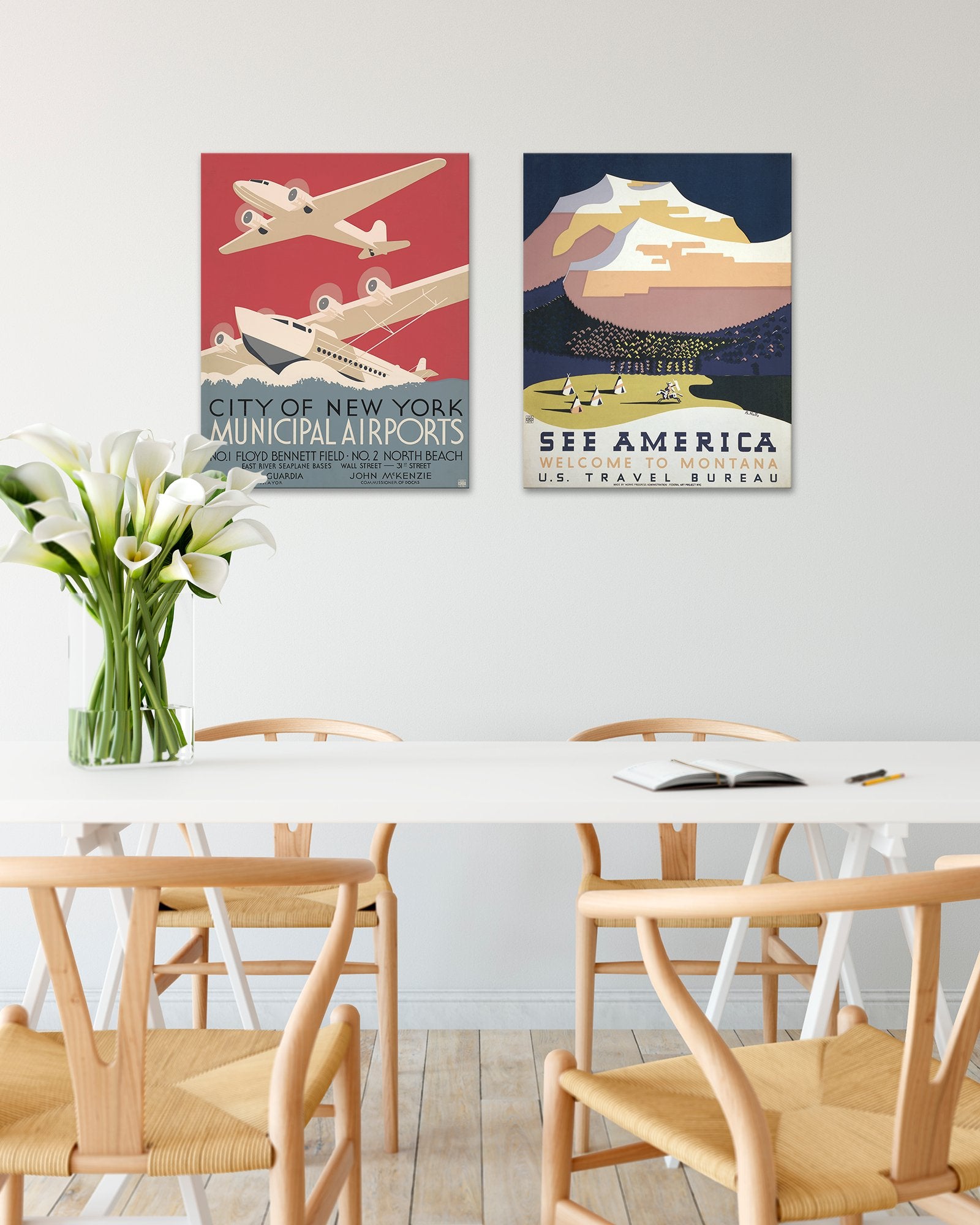 Two WPA Posters hung side by side in a dining room - Transit Design
