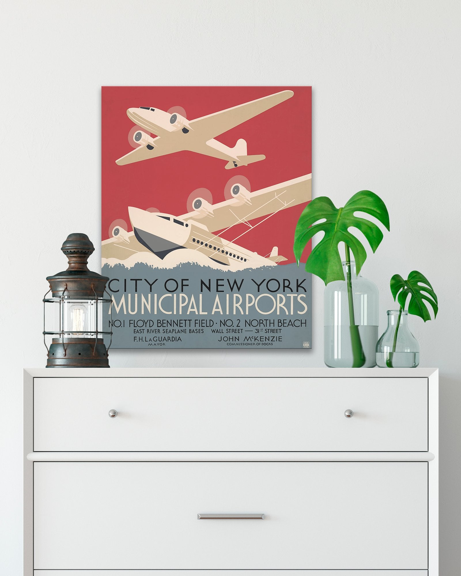 New York Municipal Airports WPA Poster hanging above a dresser - Transit Design