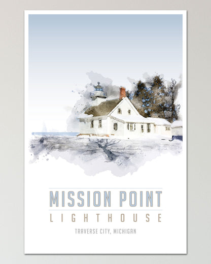 Watercolor Old Mission Lighthouse Travel Poster art - Transit Design