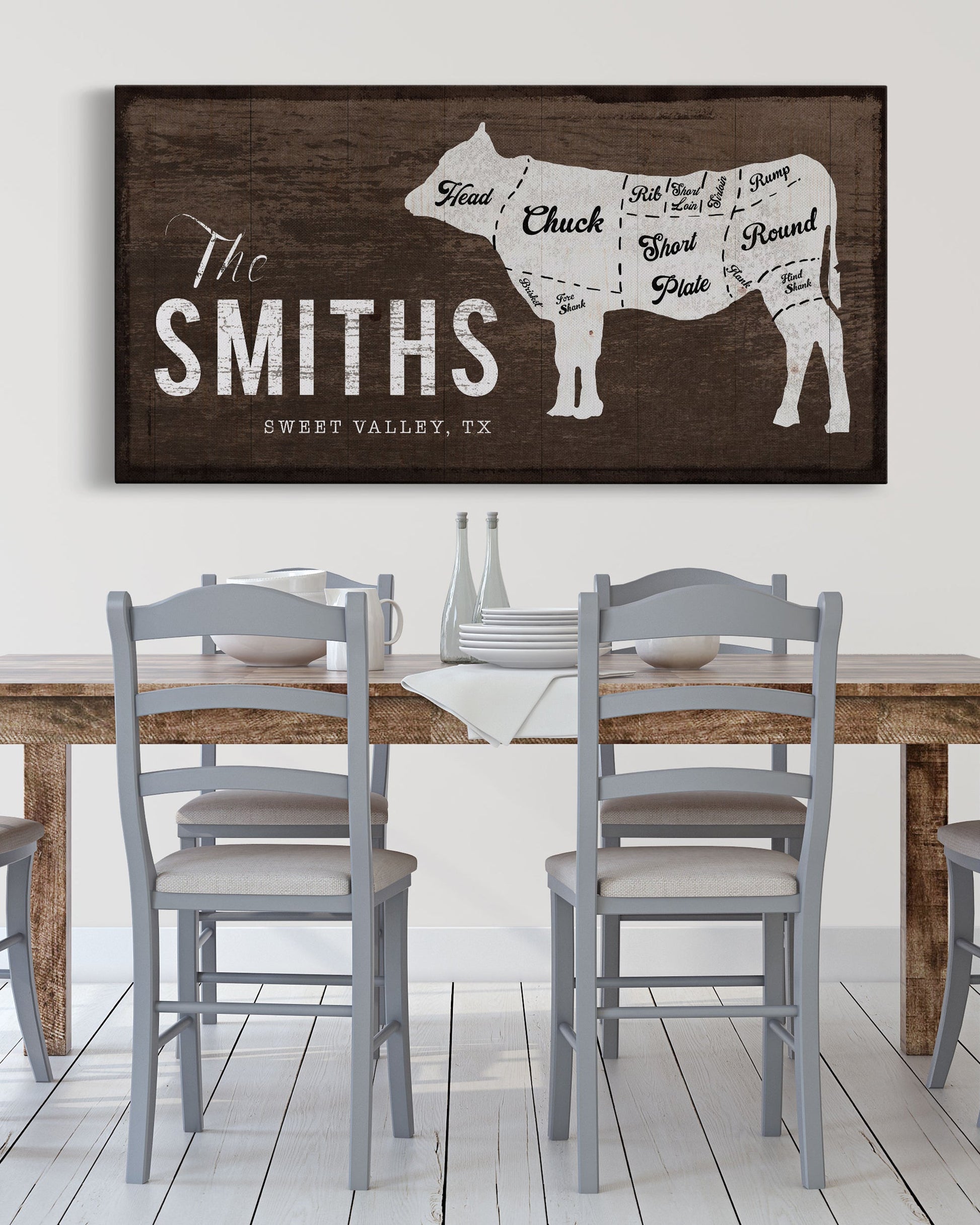 Personalized Family Name Sign with Cow hanging in Dining Room - Transit Design