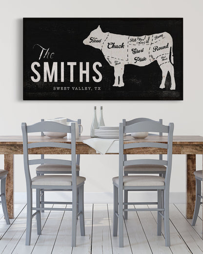 Personalized Family Name Sign with Cow, art for dining room - Transit Design