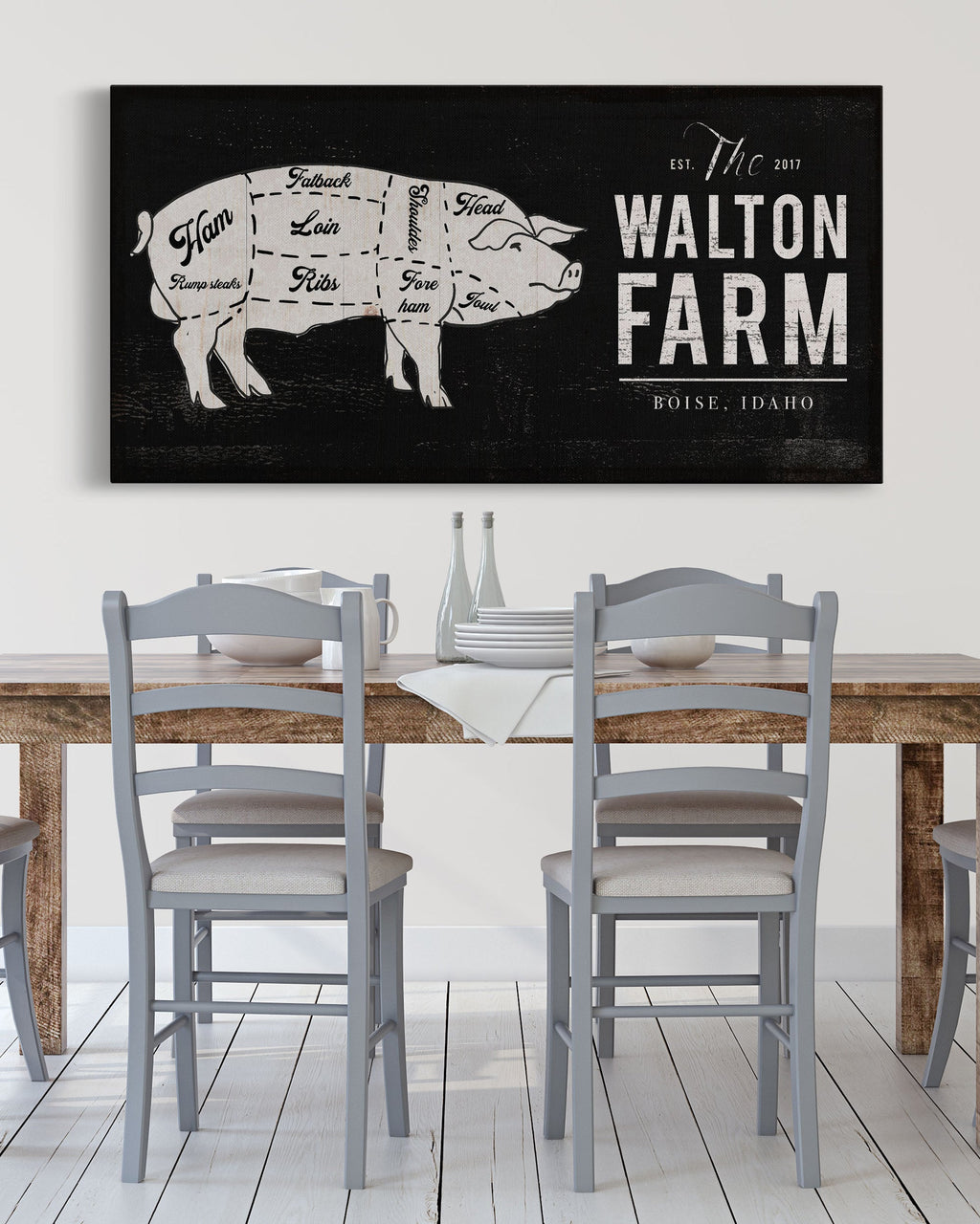 Personalized Family Name Sign with Pig art for dining room - Transit Design