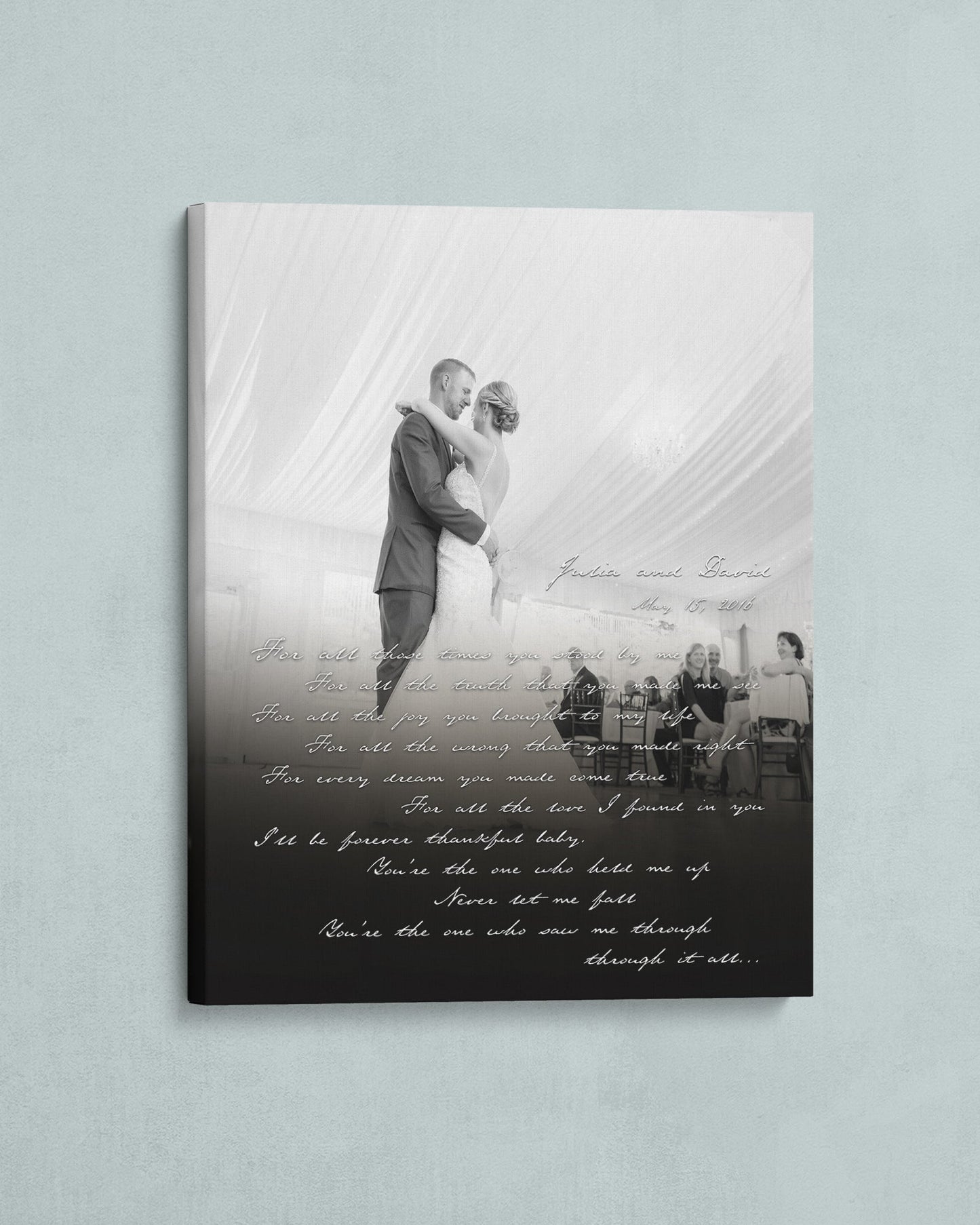 Personalized First Dance Wedding Photo Canvas wall art on blue wall - Transit Design
