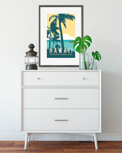 Retro Hawaii Travel Poster art hanging above a dresser - Transit Design