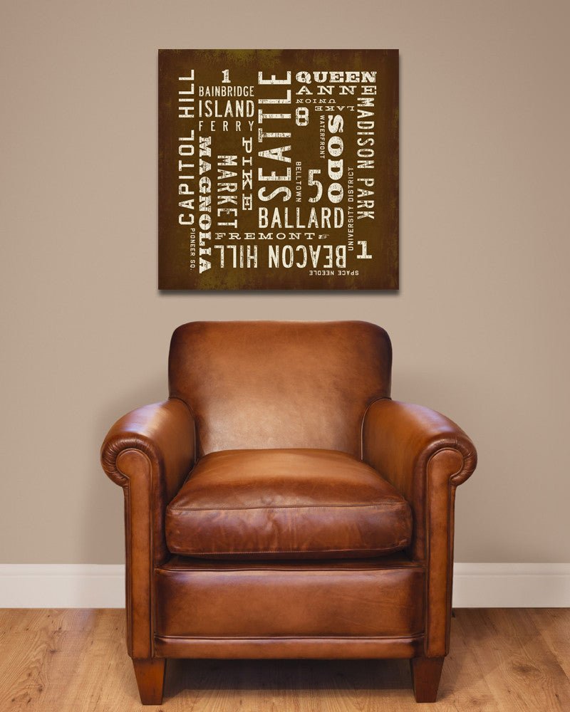 Seattle City Art Canvas hanging above a leather chair - Transit Design