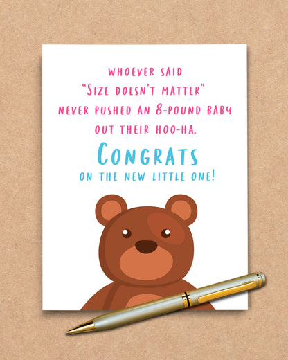 Size Doesn't Matter Funny New Baby Card with pen - Transit Design