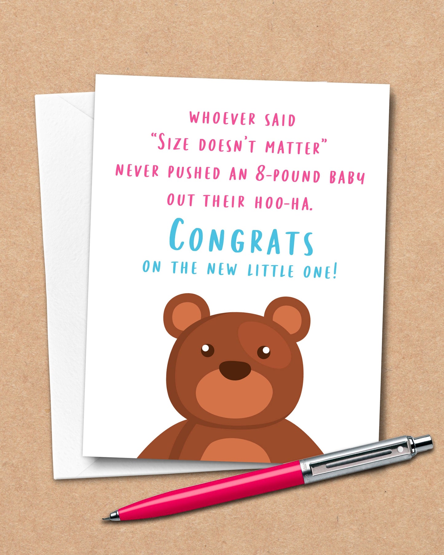 Size Doesn't Matter Funny New Baby Card with pen and envelope - Transit Design - Smirkantile