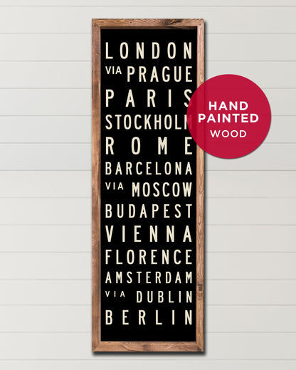 Small Europe Subway Sign Art in wood with brown frame - Transit Design