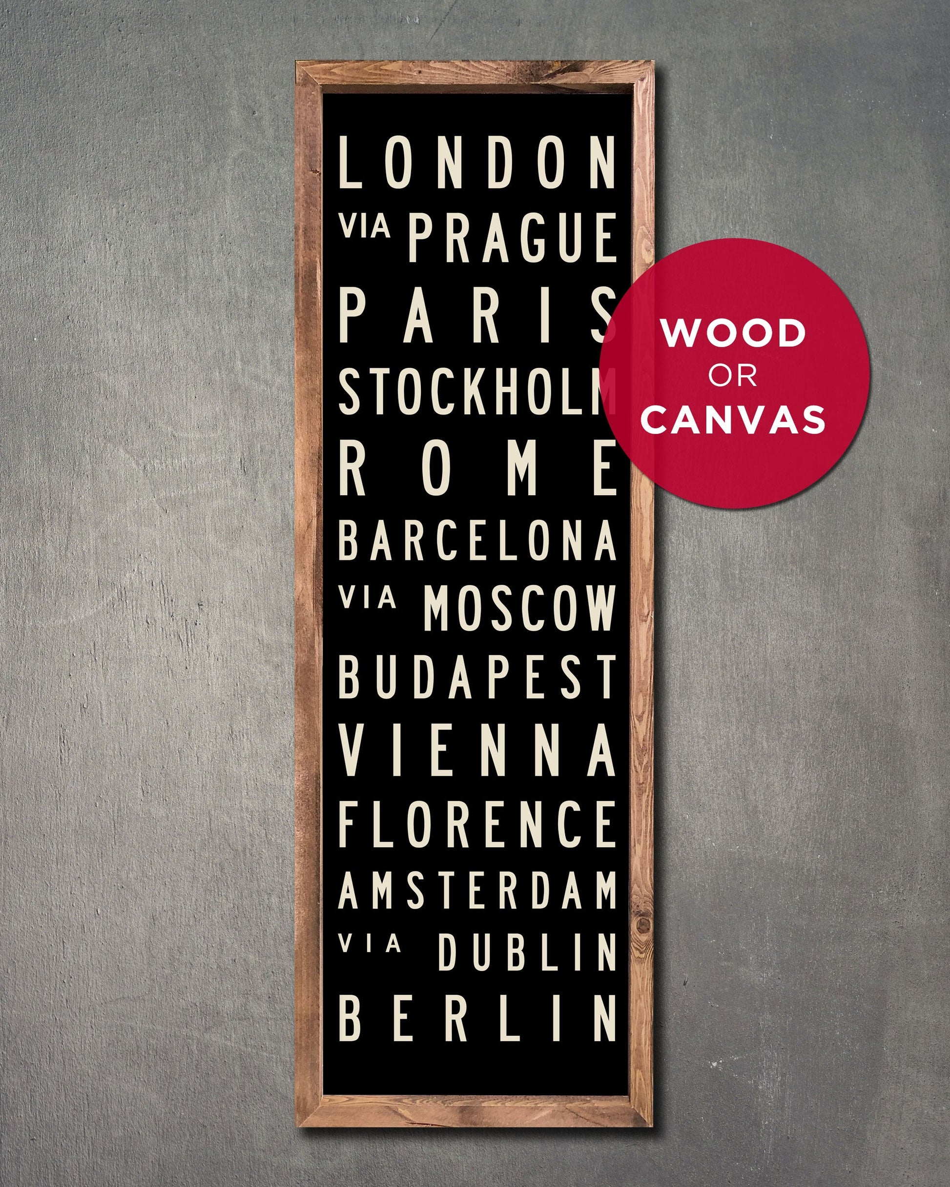 Small Wood Europe Subway Sign Art with brown frame - Transit Design