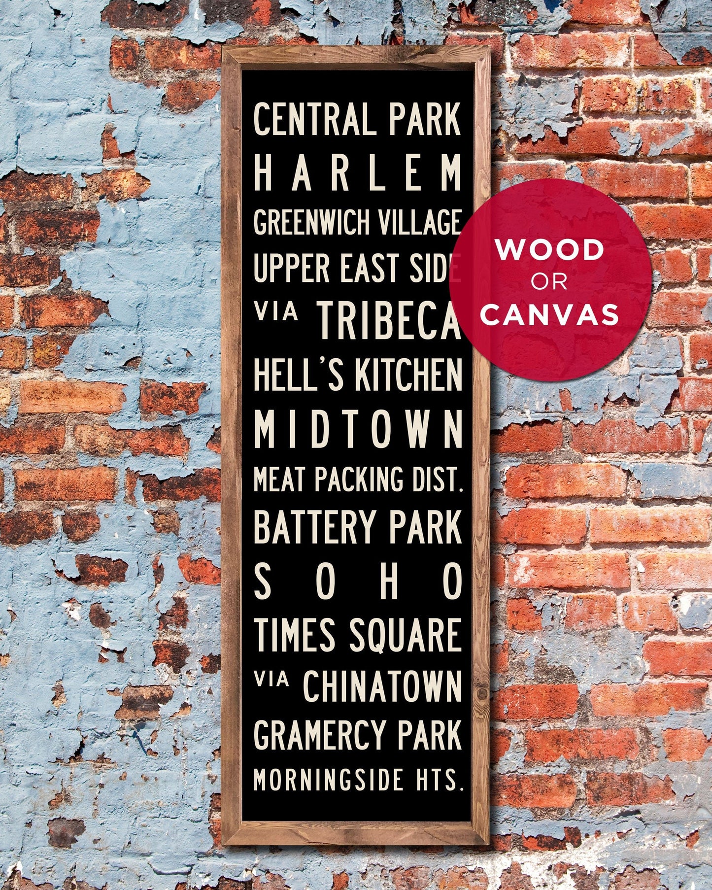 Wood New York Subway Sign Art hanging on a brick wall - Transit Design