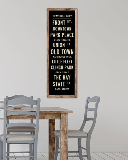 Traverse City Subway Sign Art hanging in a dining room - Transit Design