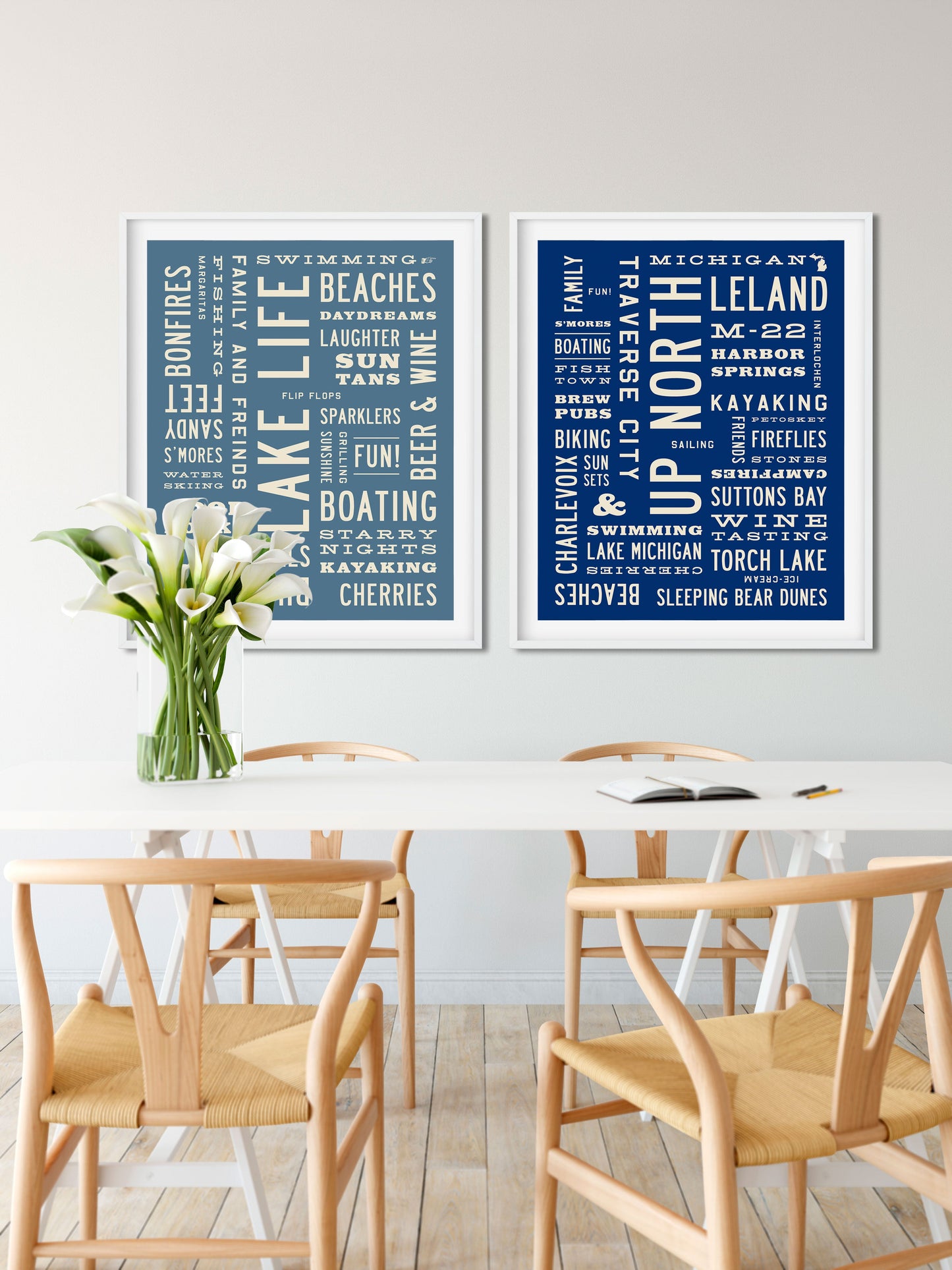 Up North Word Art Print and Lake Life Word Art Print hung as dining room art - Transit Design