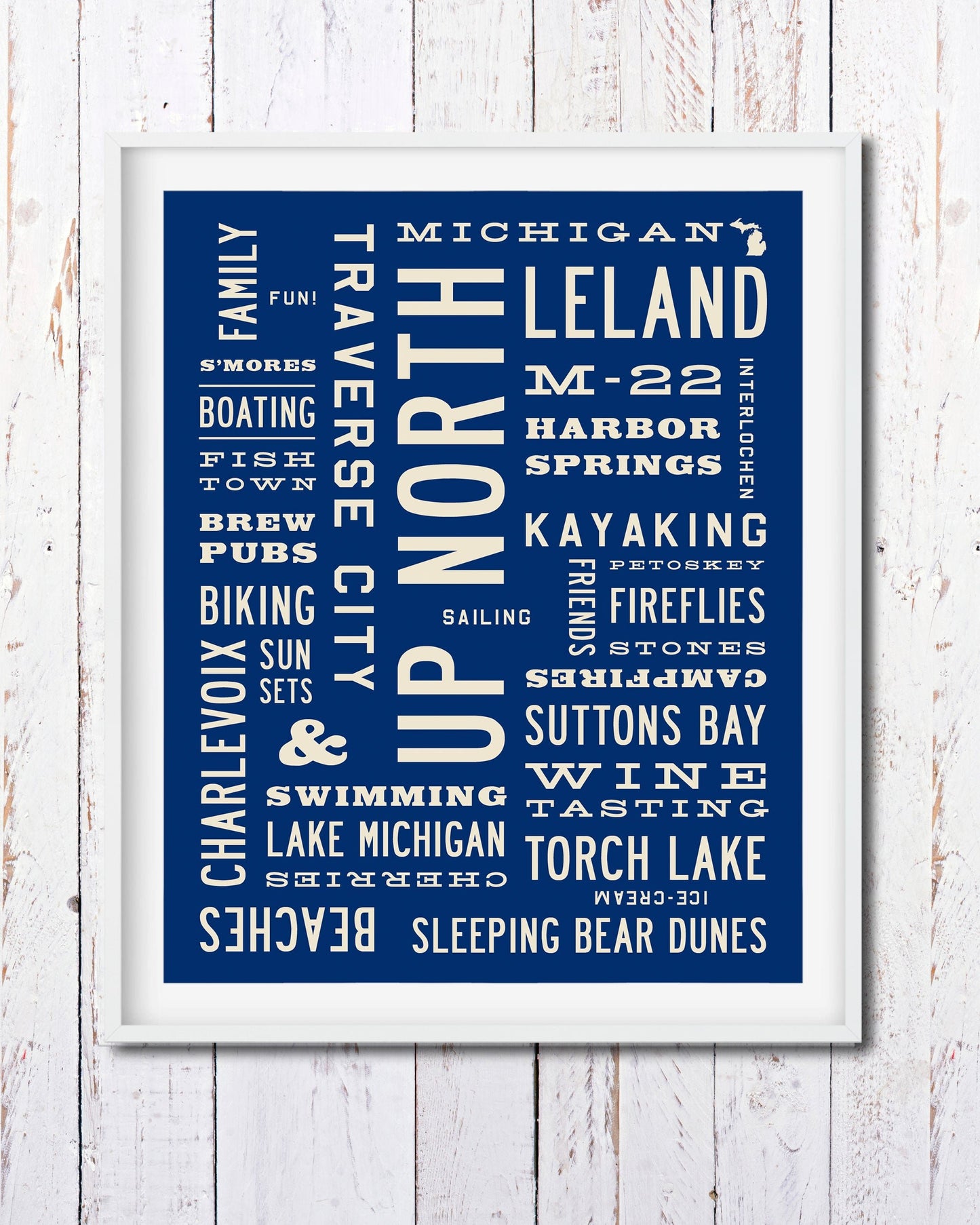 Up North Word Art Print framed as Michigan wall art - Transit Design