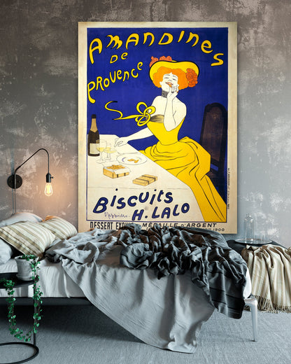 Vintage Amandines de Provence Poster by Leonetto Cappiello on Oversized Canvas hanging in a bedroom - Transit Design