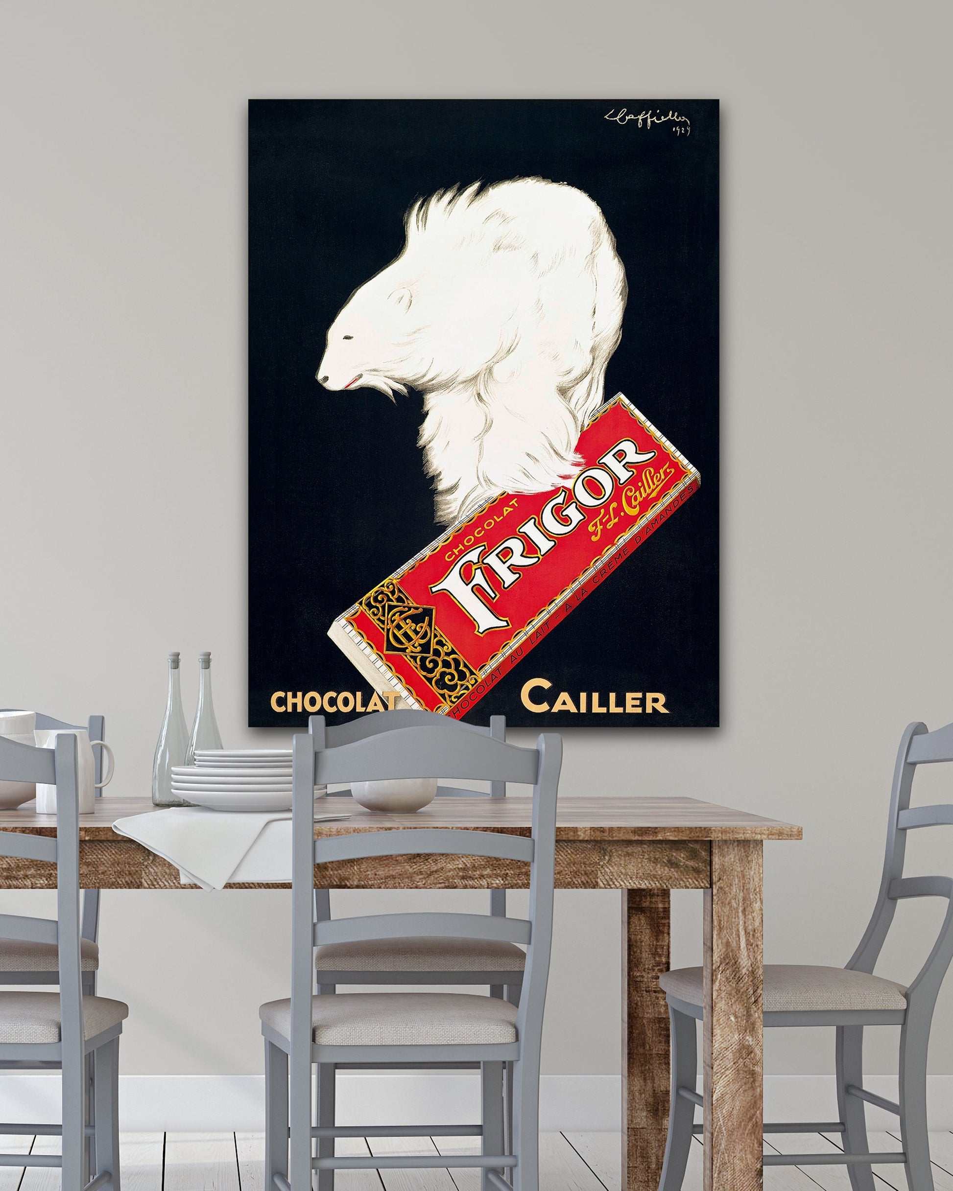  Chocolat Frigor Polar Bear poster, Leonetto Cappiello Poster on a large canvas hanging in a dining room - Transit Design