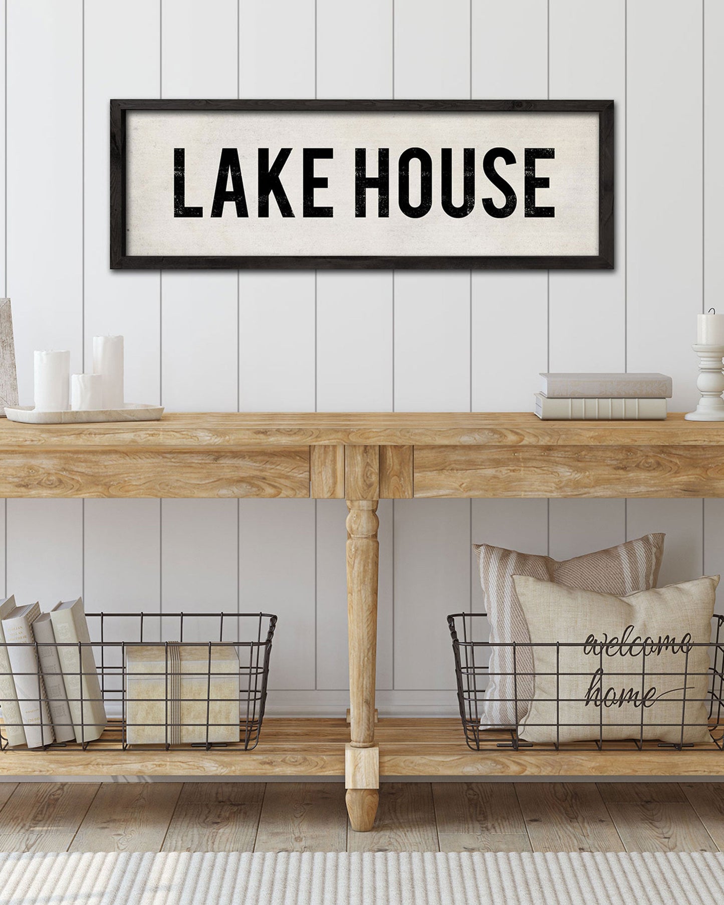 Vintage Lake House Sign with black frame hanging in entryway - Transit Design