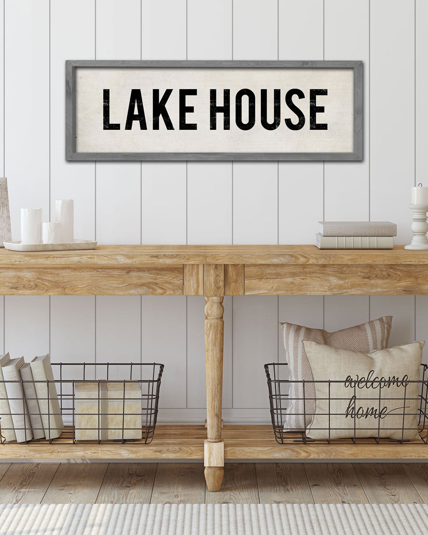 Vintage Wood Lake House Sign hanging in an entryway - Transit Design