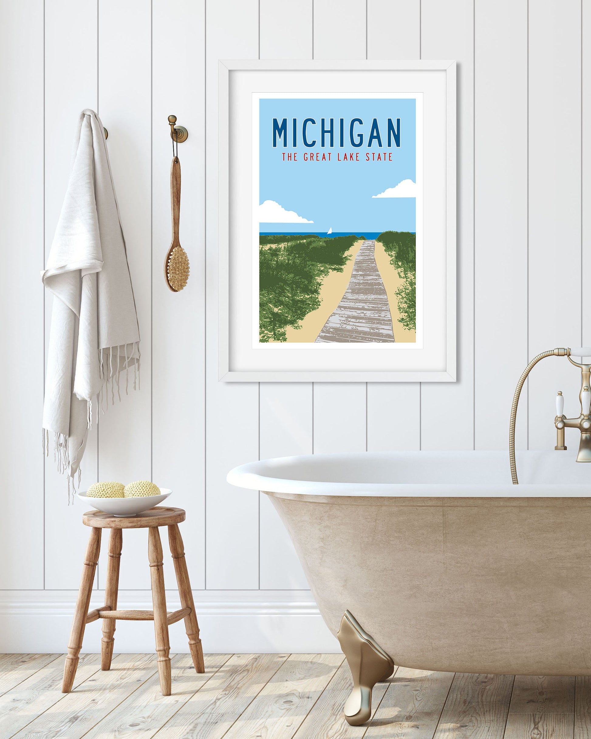 Vintage Michigan Travel Poster art hanging in a bathroom - Transit Design