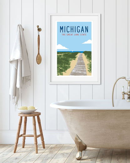 Vintage Michigan Travel Poster art hanging in a bathroom - Transit Design