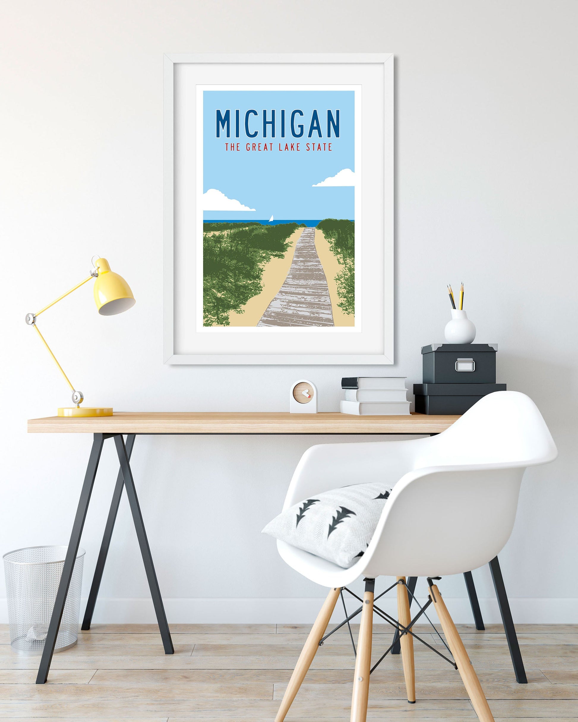 Vintage Michigan Travel Poster art hanging above a desk - Transit Design