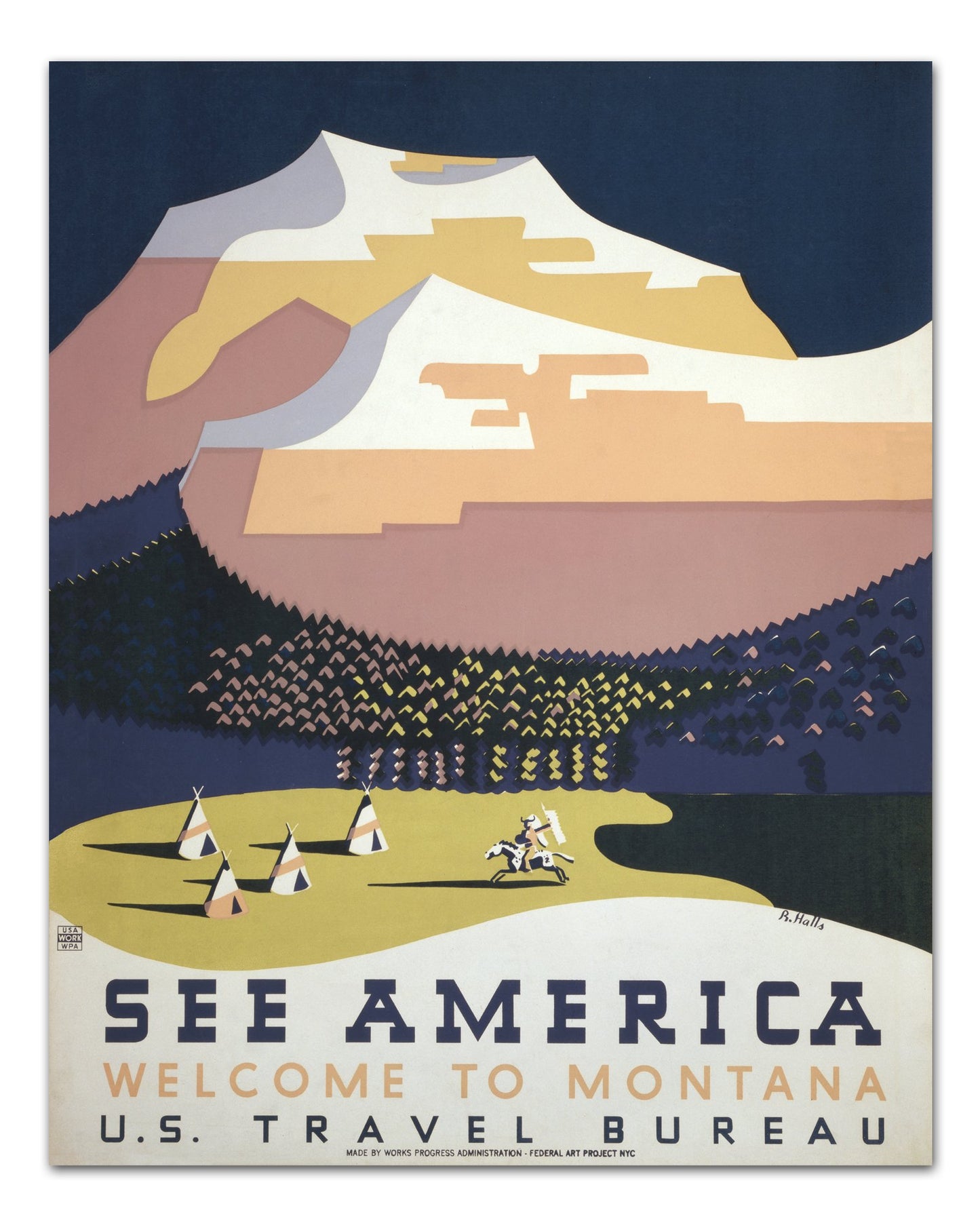 Vintage See America WPA Poster - Montana Mountains - Transit Design