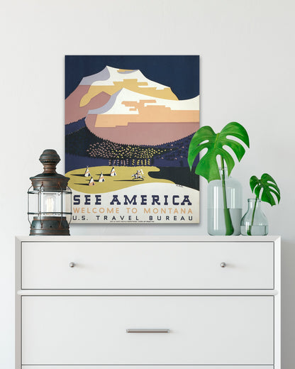 Vintage See America WPA Poster of Montana Mountains hanging in a bedroom - Transit Design