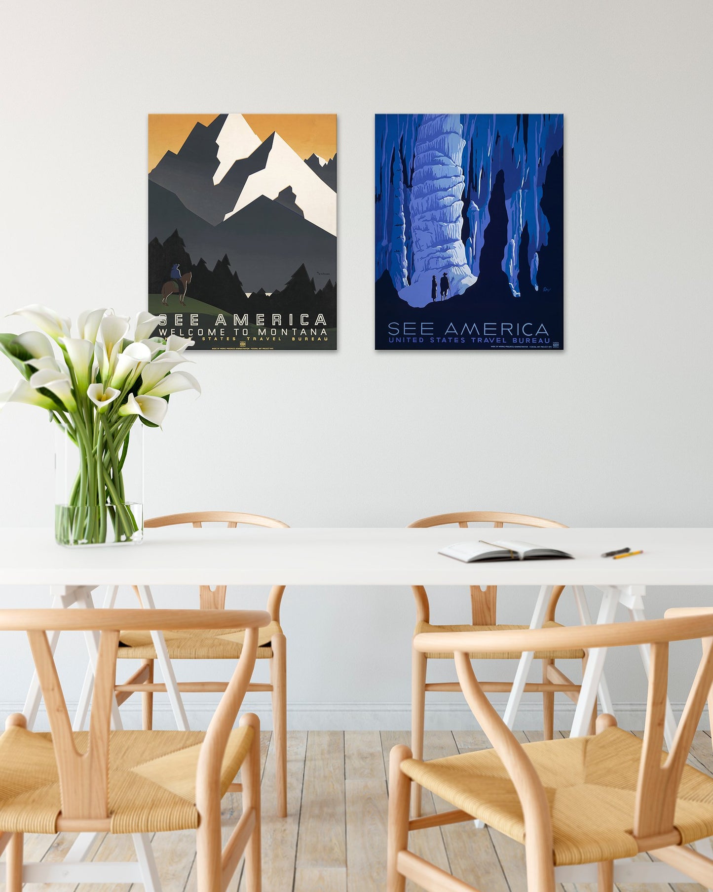 Two vintage See America WPA Posters hanging in a dining room - Transit Design