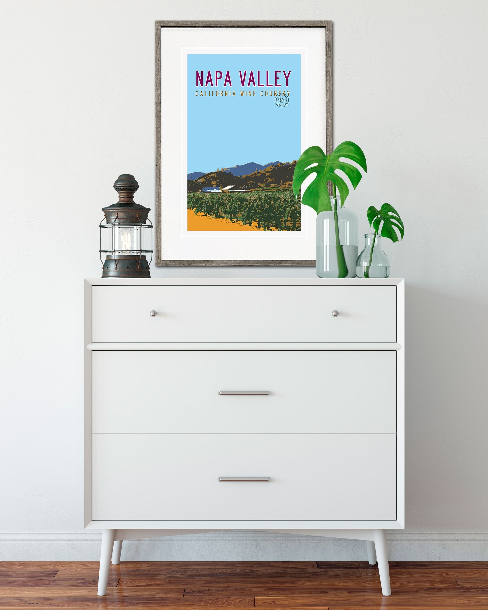 Vintage Napa Valley Travel Poster with vineyard hanging over dresser - Transit Design