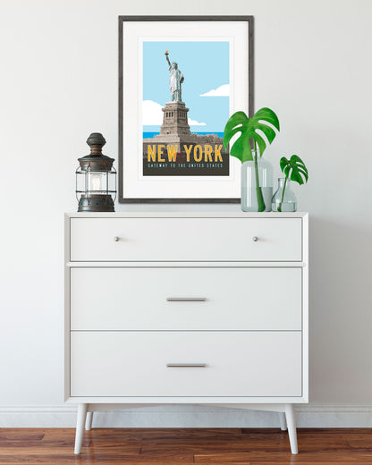 Vintage New York Travel Poster with Stature of Liberty art for bedroom - Transit Design