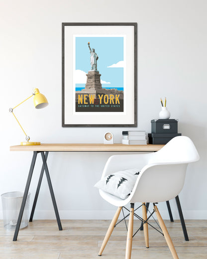 Vintage New York Travel Poster with Statue of Liberty illustration - Transit Design