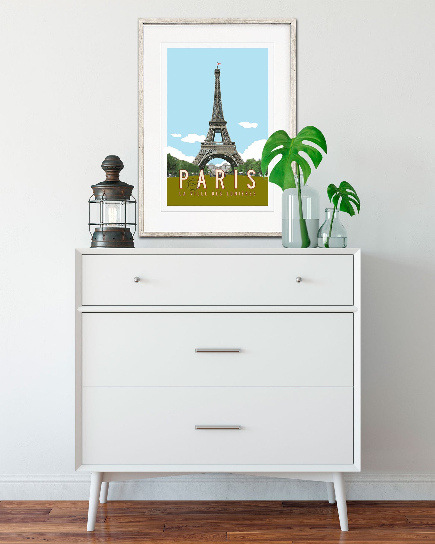 Vintage Paris Travel Poster with Eiffel Tower art for bedroom - Transit Design